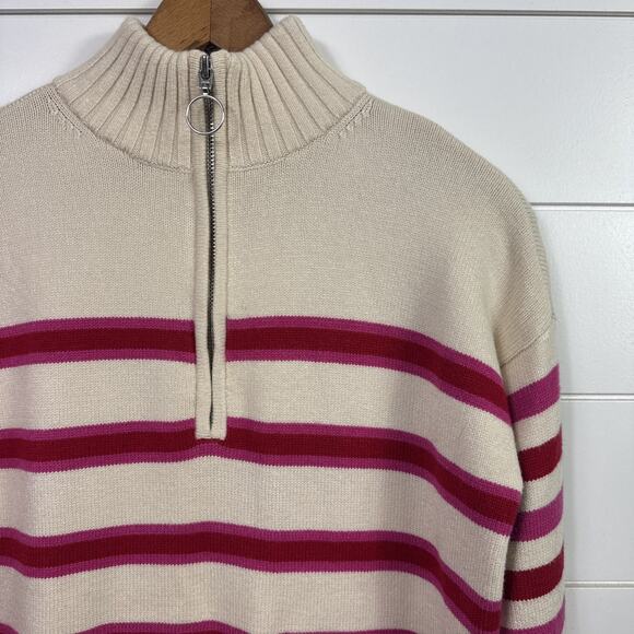 LOFT Striped 1/4 Zip Pullover Sweater Cream Pink Red sz XS - Picture 3 of 7